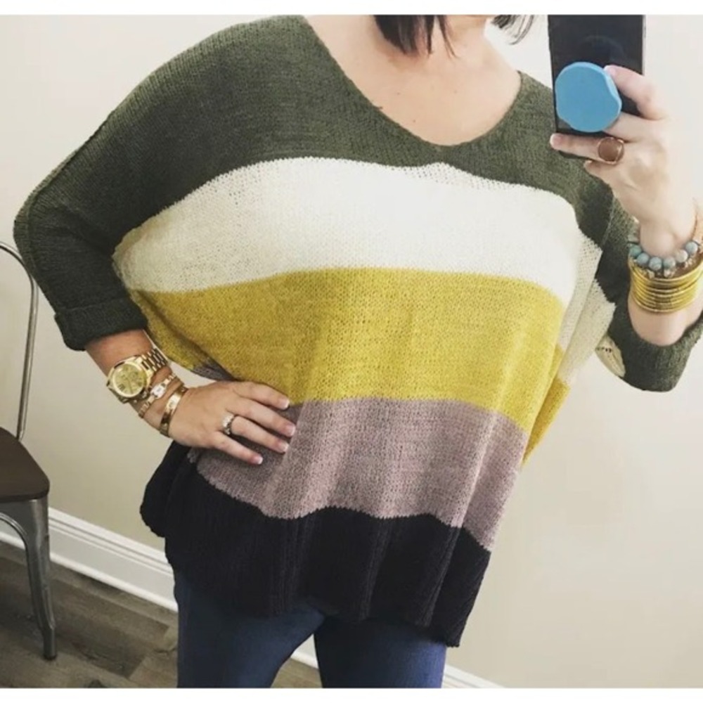 SHE + SKY Striped Oversized V Neck Sweater Loose Knit Dolman Sleeve Olive Y